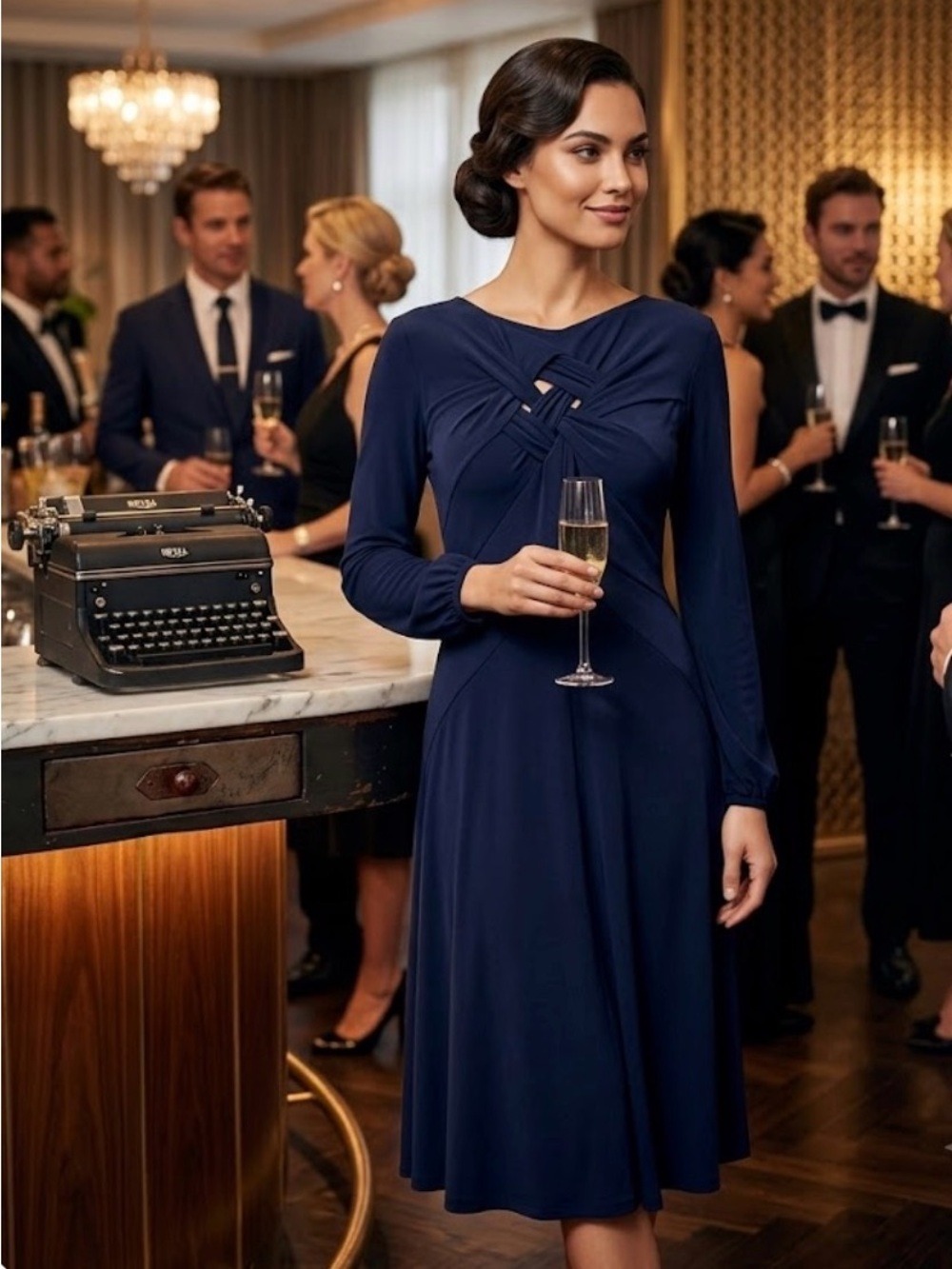 Isabel De Pedro Lattice Knot Front A-Line Dress in Navy Blue - Size 12